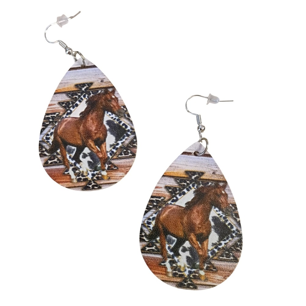 Western Horse Teardrop Earrings Aztec Cow Print Equestrian Boho Dangle 192